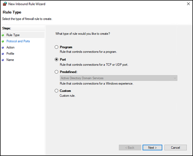 Windows Defender New Inbound Rule Wizard